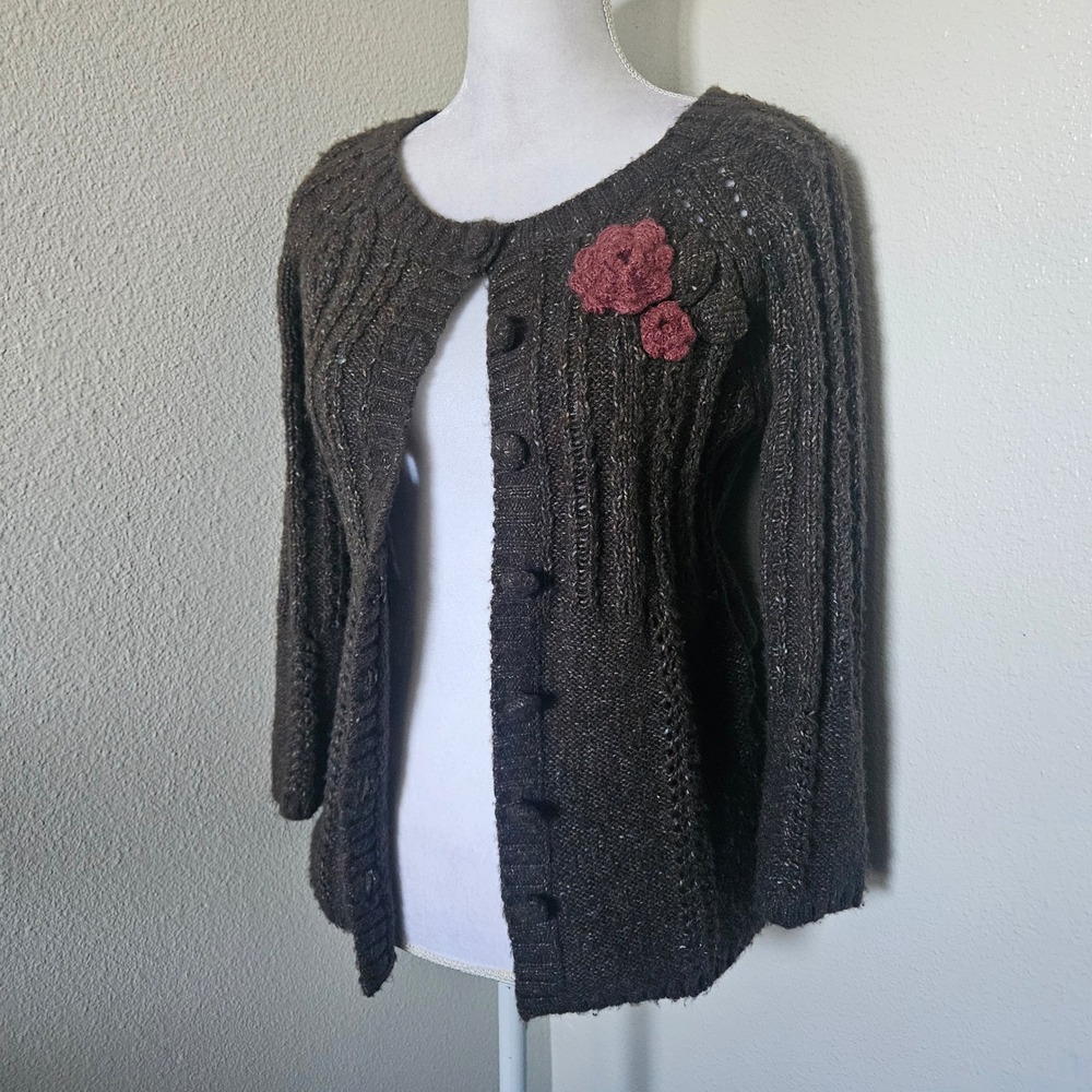 DKNY Jeans Brown Knit Cardigan Floral Applique Sweater
